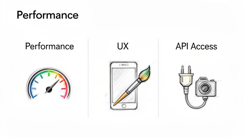 Three sketches illustrating key mobile development aspects: performance (speedometer), UX (smartphone, paintbrush), and API access (plug, camera).