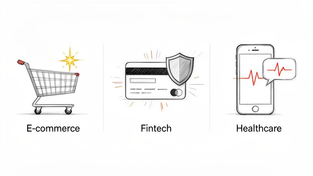 Three illustrations: e-commerce shopping cart, fintech credit card with shield, and healthcare smartphone with heartbeat.