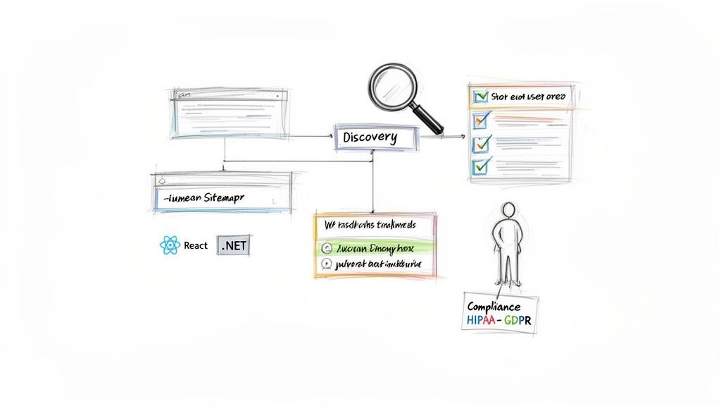 Sketch diagram showing web development workflow including discovery, sitemap, technologies, and compliance.