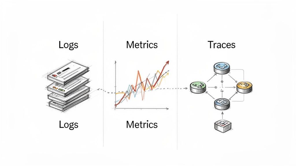 A diagram illustrating the relationship between Logs as documents, Metrics as a line graph, and Traces as connected components.