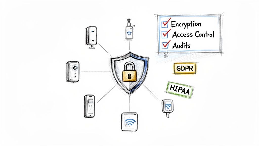 Illustration of IoT devices secured by a central shield, emphasizing encryption, access control, audits, GDPR, and HIPAA compliance.