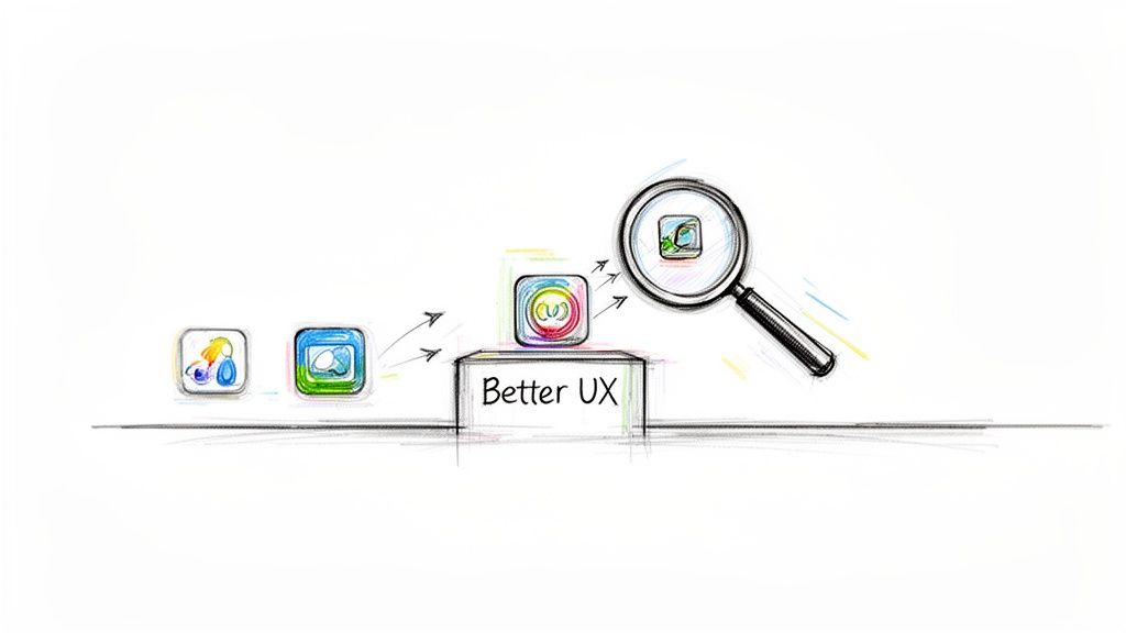 Sketch showing app icons evolving through 'Better UX' leading to a refined design under magnification.