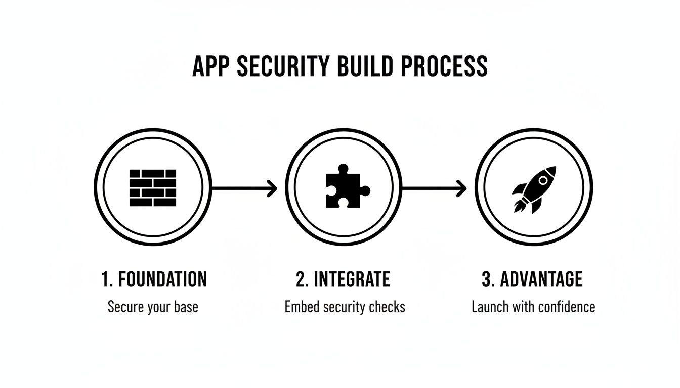 Diagram illustrating a three-step app security build process: Foundation, Integrate, and Advantage.