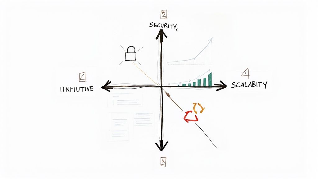 Conceptual diagram showing trade-offs between intuitive design, security, and scalability in software solutions.