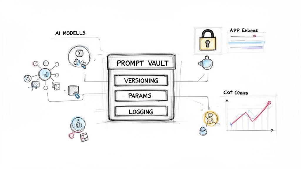 Diagram illustrates a Prompt Vault for AI models, featuring versioning, parameters, logging, app integration, and cost tracking.