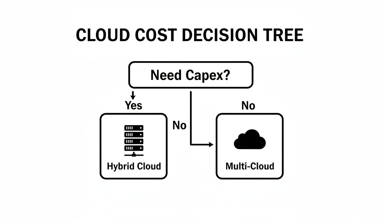 Decision tree illustrating cloud cost options: Hybrid Cloud for Capex needs, Multi-Cloud for no Capex.