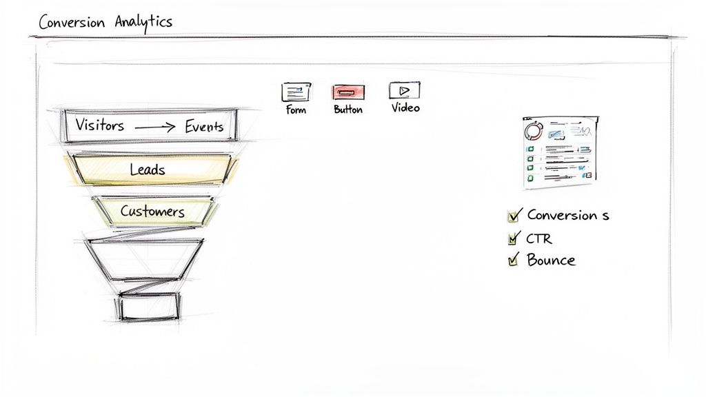 Conversion analytics dashboard sketch showing a sales funnel for visitors, leads, and customers, with key metrics.