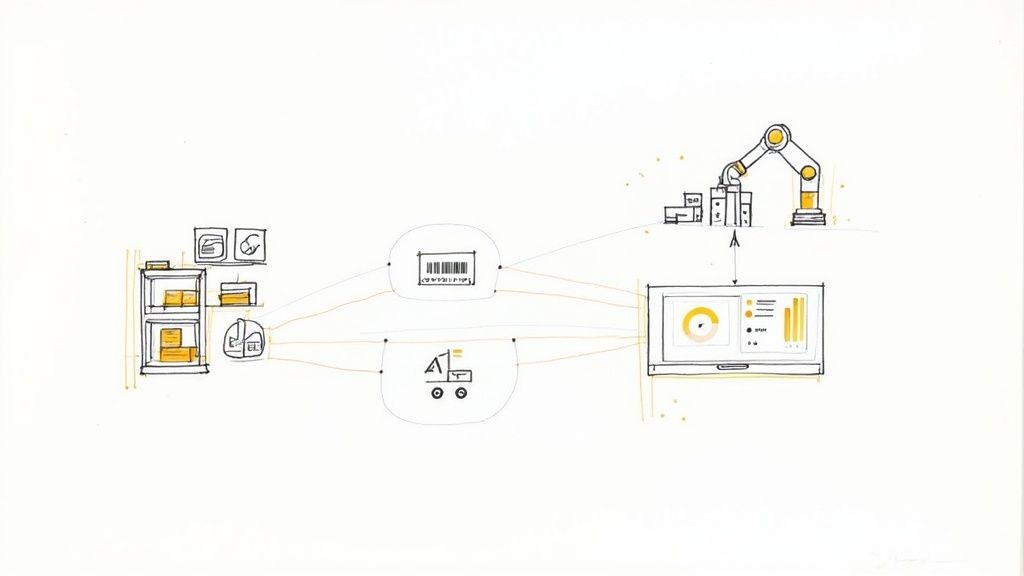 Digital supply chain management system connecting warehouse inventory to robotic automation through real-time monitoring dashboard