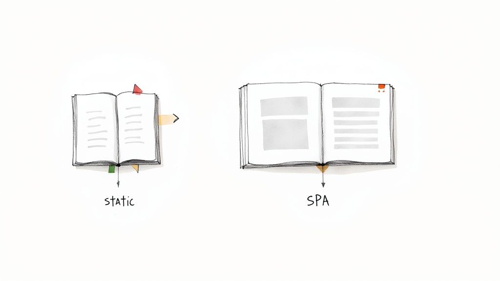 Hand-drawn illustration comparing a static web page book with a dynamic SPA book.