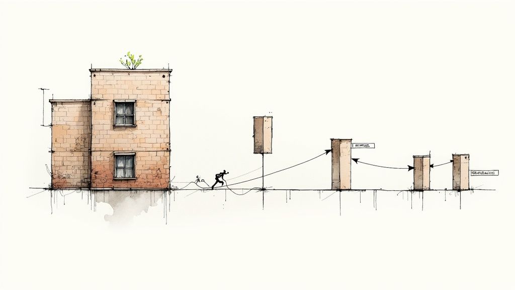 Sketch of a brick building with a plant and a person pulling abstract progress bars.