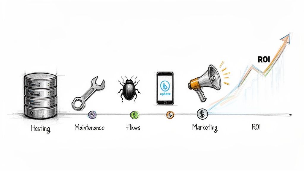 Illustration of the development process: hosting, maintenance, bugs, updates, marketing, and ROI.