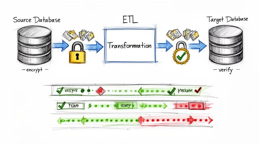 Diagram illustrating data migration from source to target database with ETL, encryption, and verification steps.