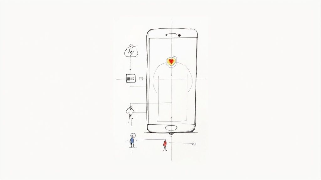 A conceptual sketch shows a smartphone running a healthcare app, connected to cloud data and users.