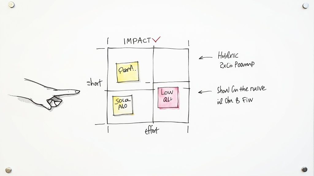 A team collaborating around a whiteboard, analyzing charts and sticky notes to plan website improvements.