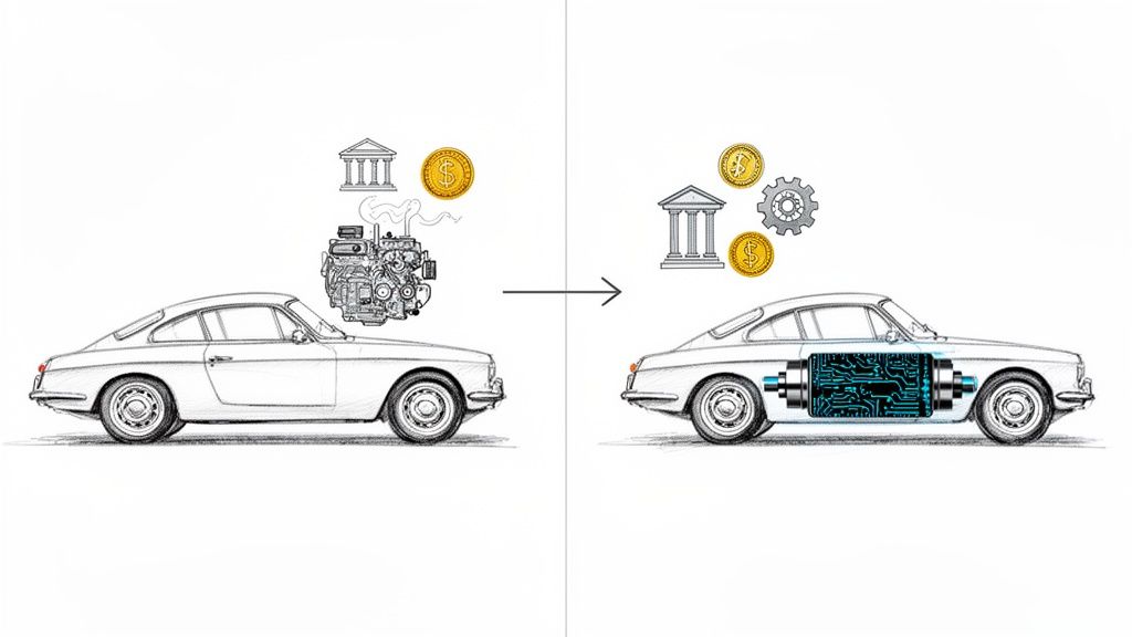 A classic car transitions from a combustion engine with traditional finance to a digital battery with modern finance and technology.