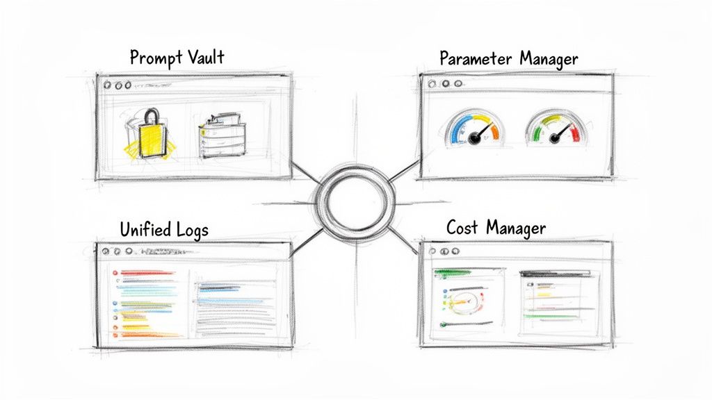A sketch illustrating four interconnected modules: Prompt Vault, Parameter Manager, Unified Logs, and Cost Manager, centered around a core.