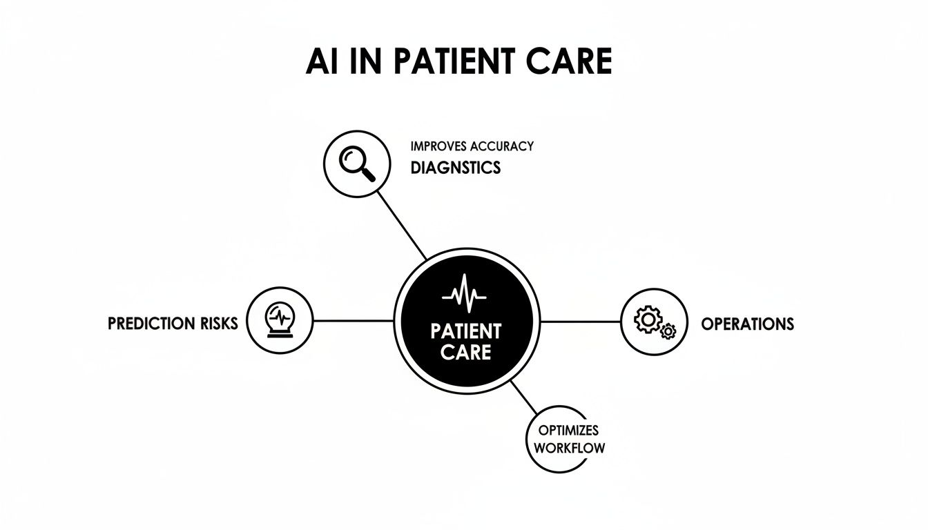 Diagram illustrating AI's impact on patient care, highlighting improved diagnostics, risk prediction, operations, and workflow optimization.