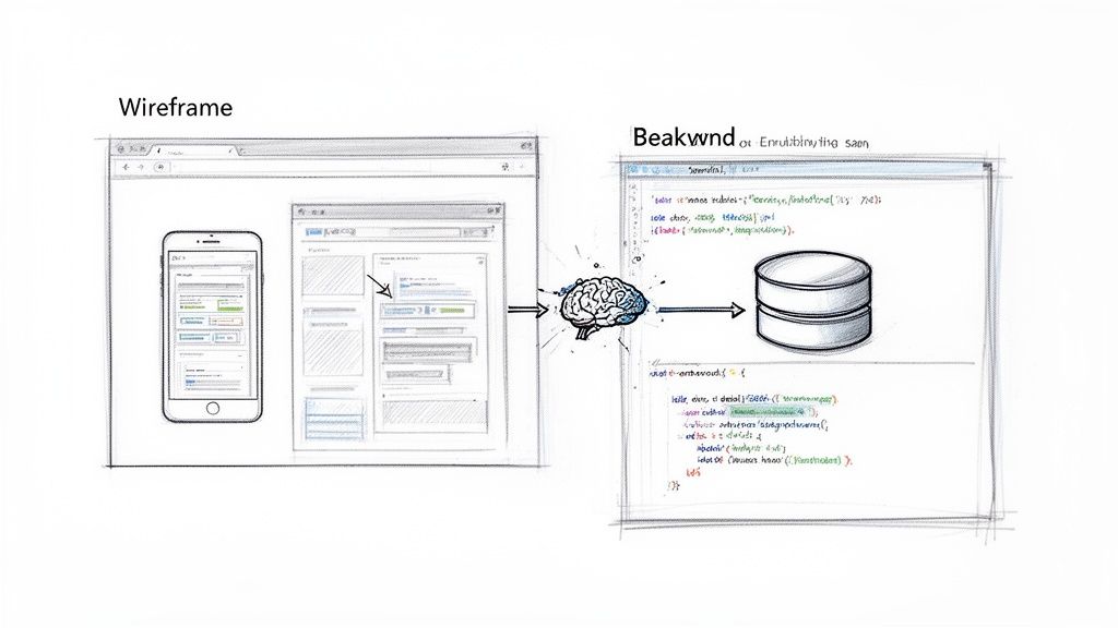 A diagram illustrating the web development process from wireframe and app design to backend code and database.