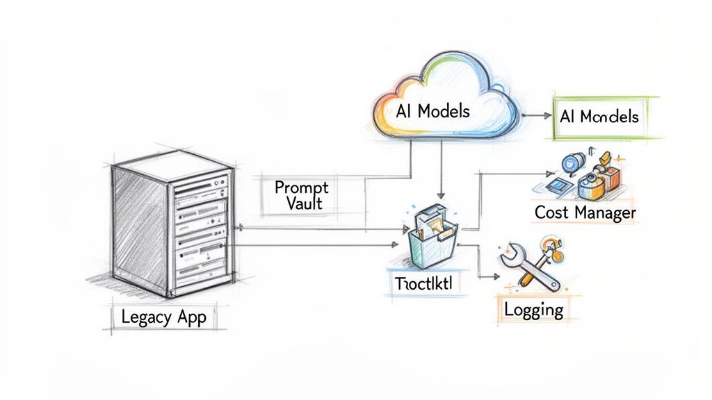 A diagram illustrates a legacy application integrating with a prompt vault, AI models, a cost manager, and logging.