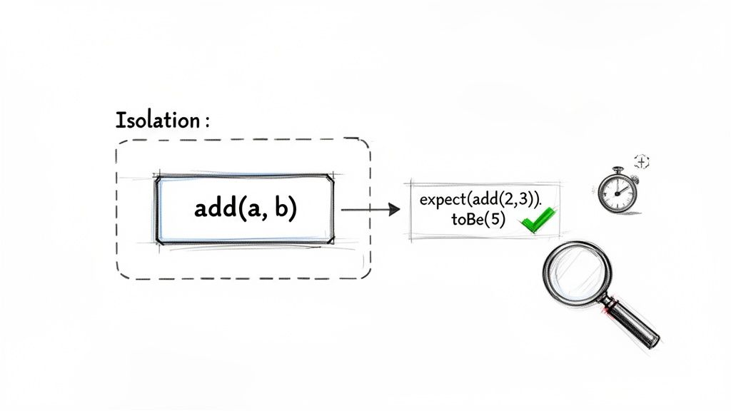 Diagram illustrating unit testing isolation: an `add` function is tested, its output verified successfully.