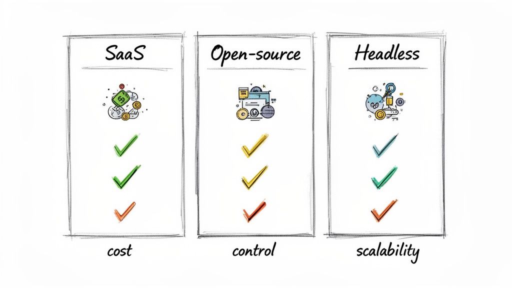A comparison of SaaS, Open-source, and Headless platforms showing their benefits in cost, control, and scalability.