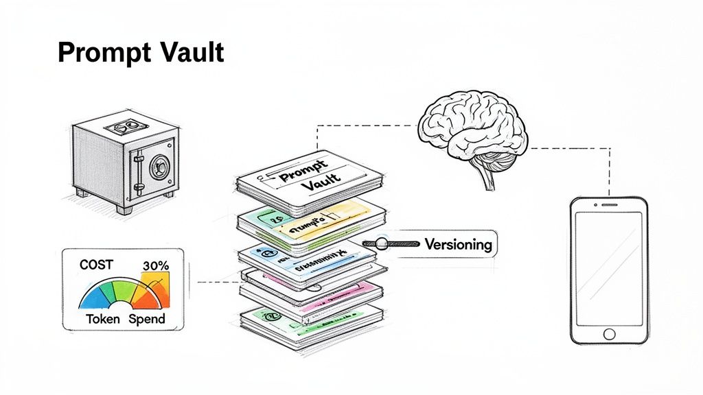 A sketch illustrating a "Prompt Vault" concept connecting secure storage, token cost, versioning, AI processing, and a mobile application.