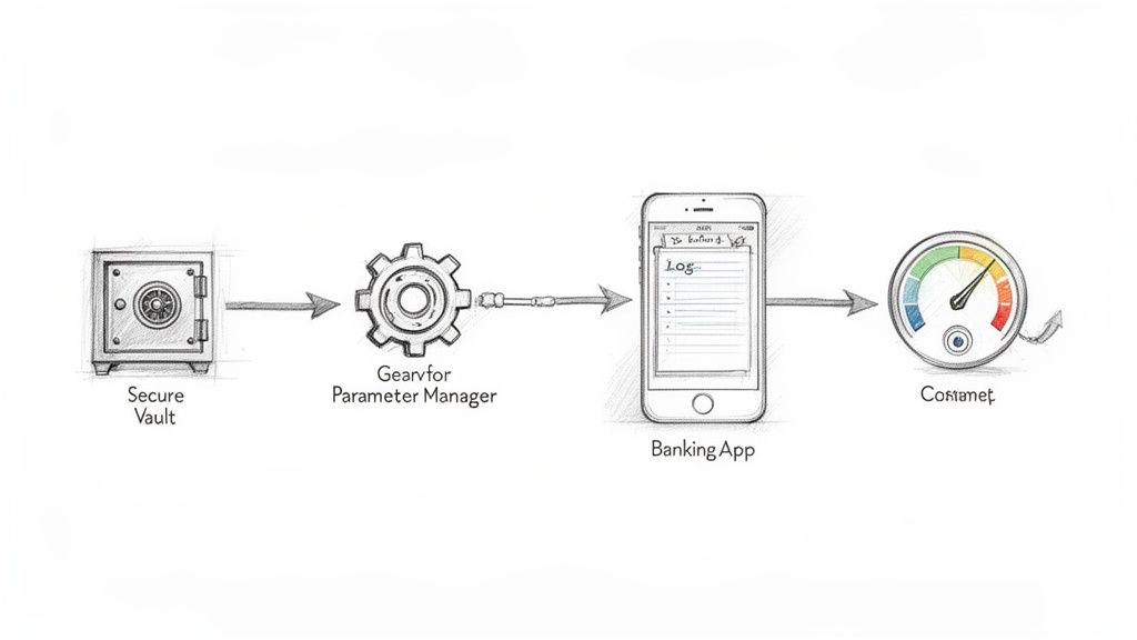 A process diagram illustrating data flow from a secure vault to a banking app and analytics.