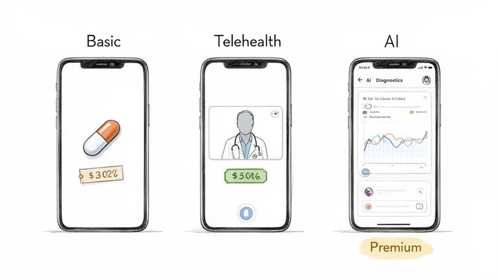 Three smartphones illustrating basic, telehealth, and AI premium healthcare app services and costs.