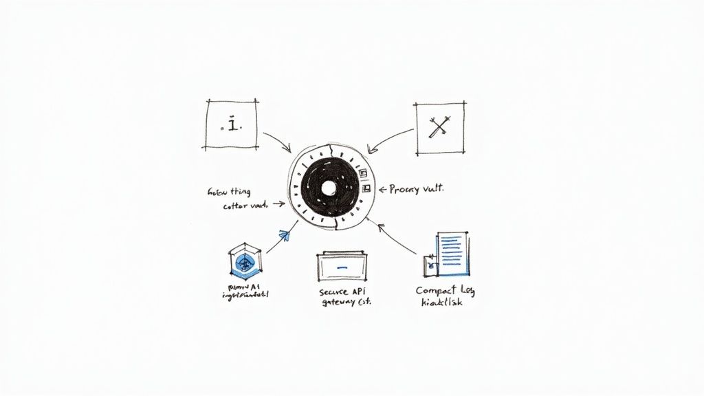 A sketch diagram illustrating a system architecture with a central proxy vault, secure API gateway, and AI components.
