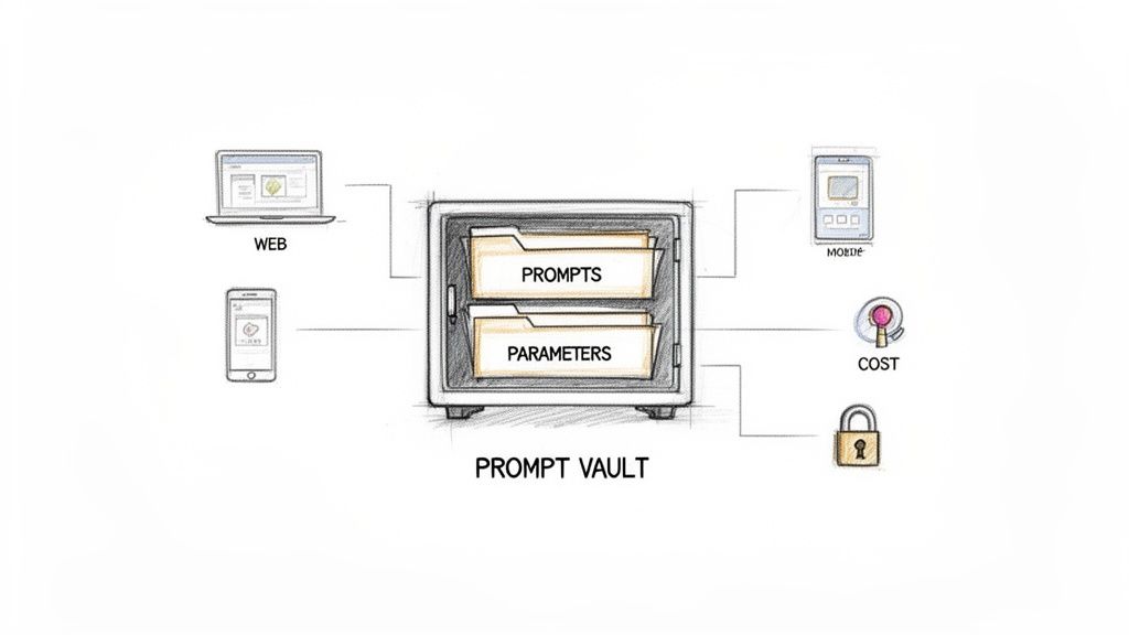 A diagram showing a Prompt Vault containing prompts and parameters, connected to web, mobile devices, cost, and security.
