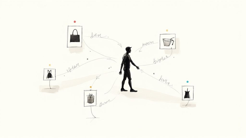 Customer journey visualization showing person navigating between different product categories in ecommerce shopping experience