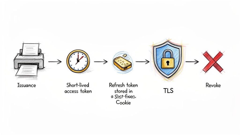 Diagram showing the issuance, refresh, and revocation of API access tokens with TLS security.
