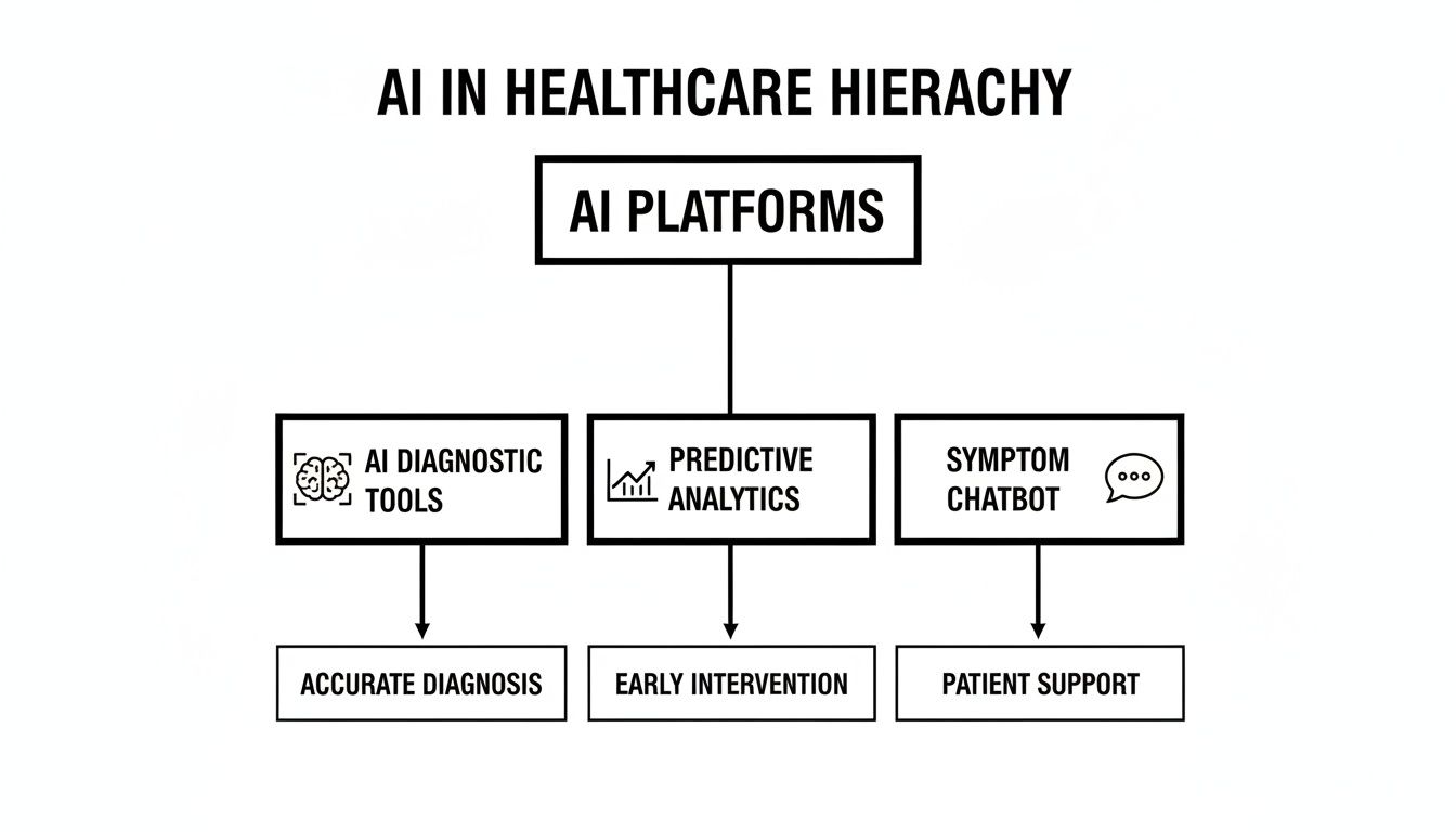 Hierarchy diagram illustrates AI platforms in healthcare, detailing applications like diagnostic tools, predictive analytics, and symptom chatbots.