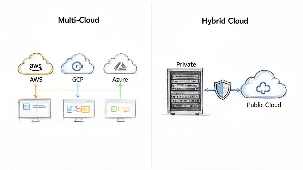 A diagram comparing Multi-Cloud and Hybrid Cloud architectures, showing different cloud providers and on-premises setups.