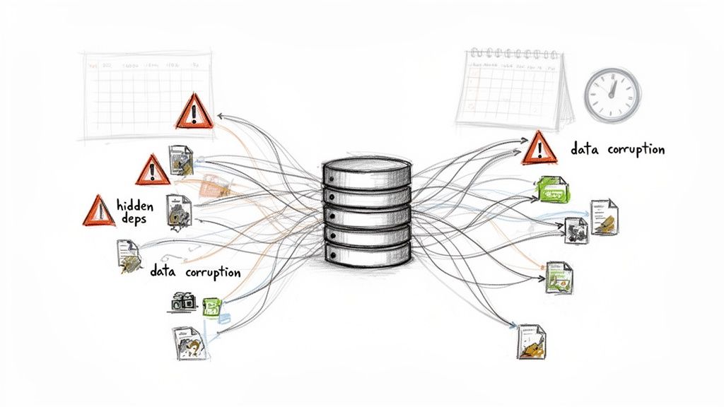 A central database with tangled connections, showing hidden dependencies and data corruption issues.