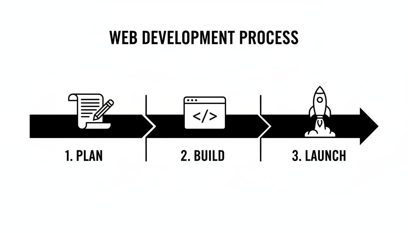 A clear black and white infographic illustrating the three main steps of the web development process: Plan, Build, and Launch.