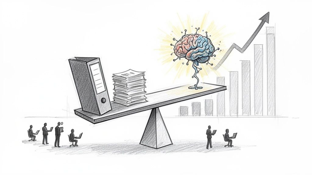 A glowing brain balancing a seesaw against a pile of documents, symbolizing innovation driving growth.