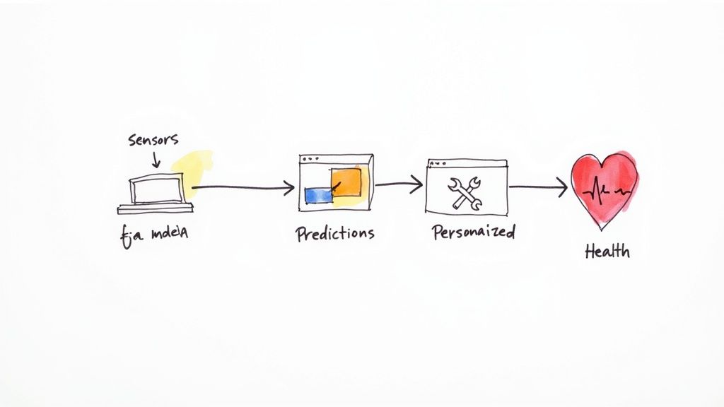 Hand-drawn flowchart illustrates a process from sensor data to predictions, personalized actions, and ultimately improved health.