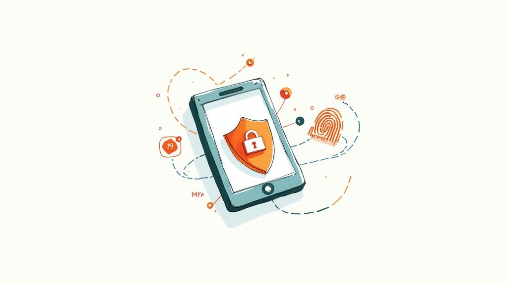 A smartphone with a security shield and padlock, surrounded by security elements like a fingerprint and MFA text.