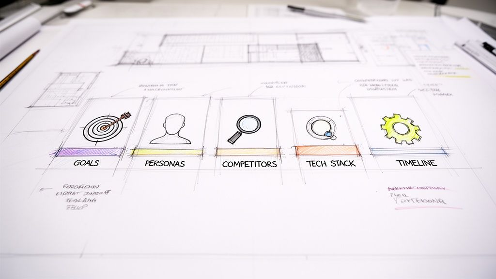 Hand-drawn web development plan on paper showing sections for goals, personas, competitors, and timeline.