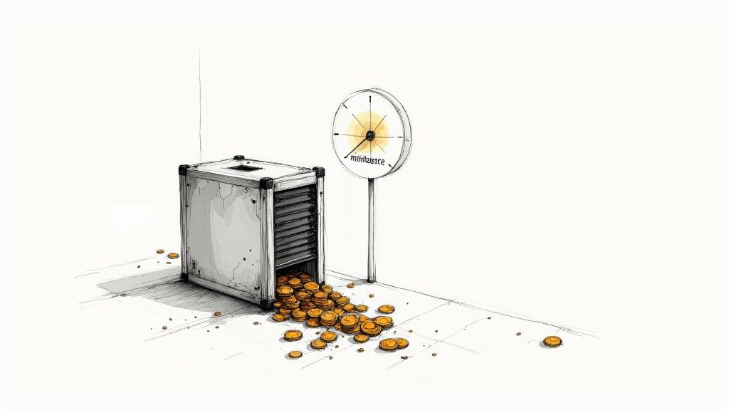 A sketch shows a legacy machine overflowing with golden coins, symbolizing costly maintenance, next to a 'maintenance' sign.