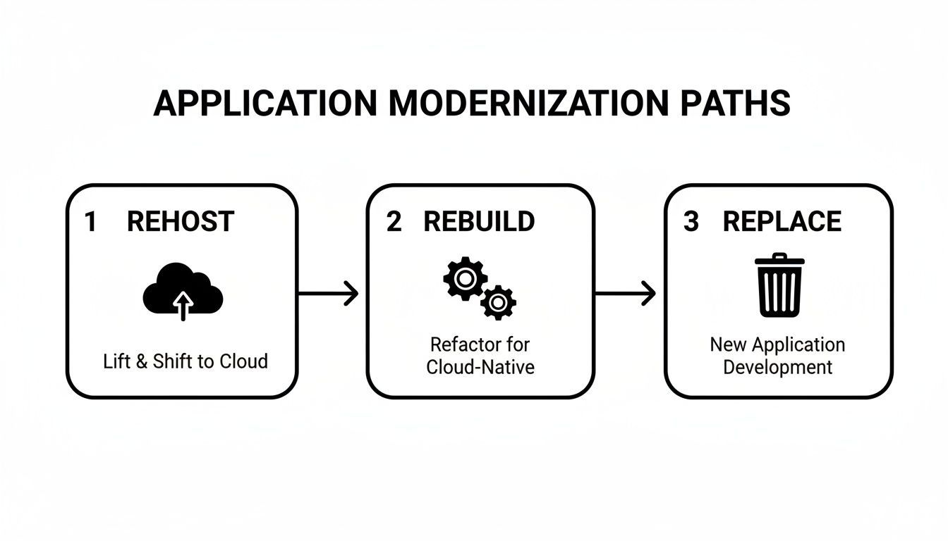 Diagram showing three application modernization paths: rehost, rebuild, and replace, with descriptions and icons.
