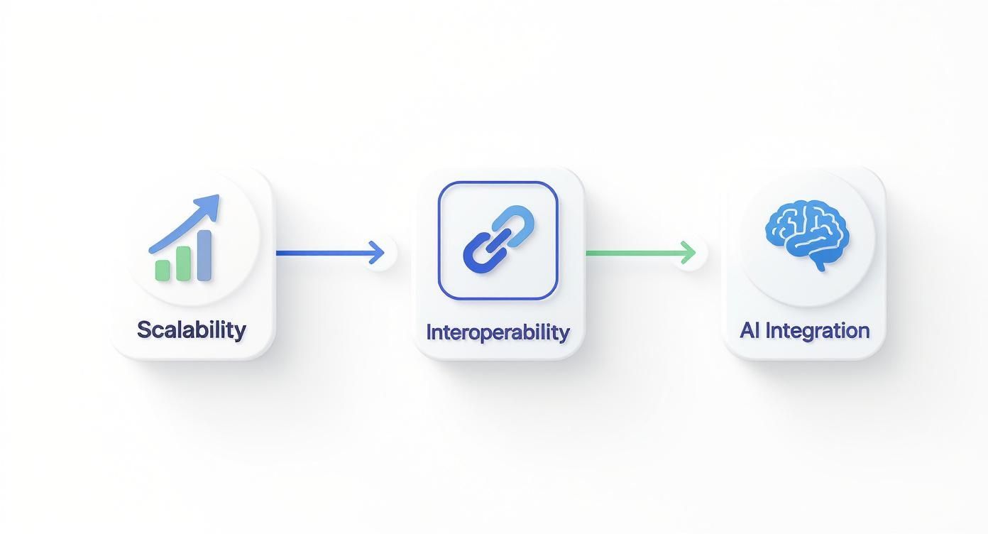 A diagram illustrates the progression from Scalability to Interoperability, leading to AI Integration with relevant icons.
