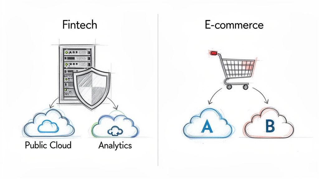 A diagram comparing Fintech's secure hybrid cloud with E-commerce's multi-cloud strategy.