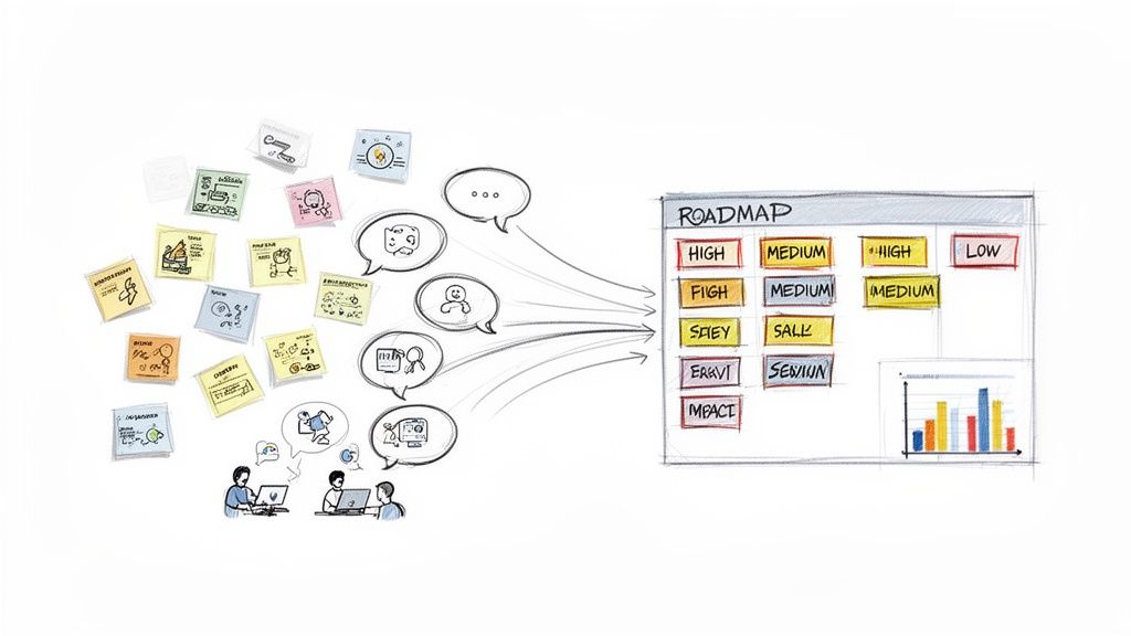 A visual diagram illustrating ideas, discussions, and a product roadmap with prioritized tasks.