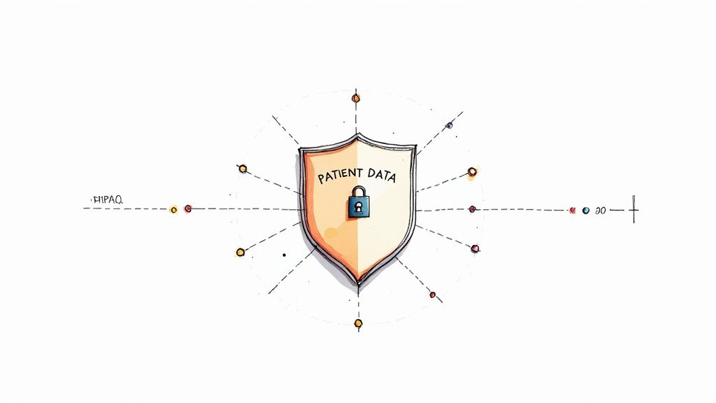 An illustration of a shield with a padlock protecting 'PATIENT DATA' surrounded by connected points.