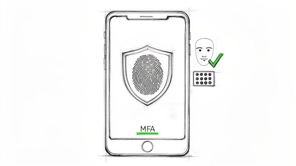 A sketch of a smartphone screen showing a fingerprint shield, MFA, face ID, and a PIN pad, symbolizing mobile app security.