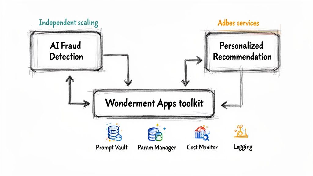 Diagram illustrating a microservice architecture with AI fraud detection, personalized recommendations, and a shared toolkit.