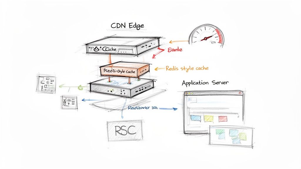 A technical diagram illustrating CDN edge caching with Redis and an application server architecture.