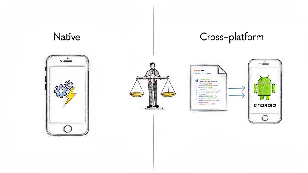 Illustration comparing native mobile app development (gears, lightning) with cross-platform (code to Android), balanced by a person.